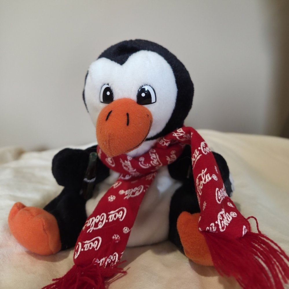 Coca-Cola Penguin Plush with Red Scarf and Orange Beak